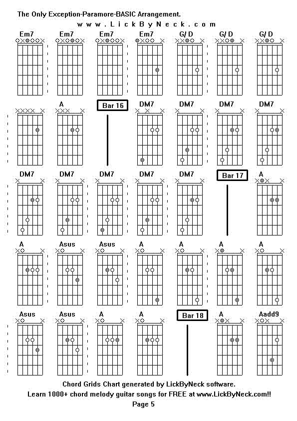 Chord Grids Chart of chord melody fingerstyle guitar song-The Only Exception-Paramore-BASIC Arrangement,generated by LickByNeck software.